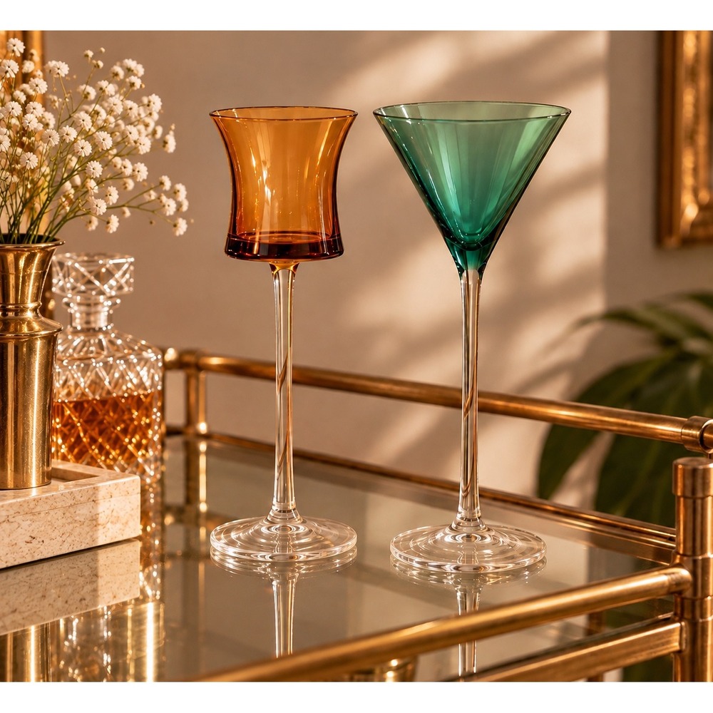 Vintage Amber Emerald Green Glass Tall Stem Cordial Liqueur Glasses Set Barware